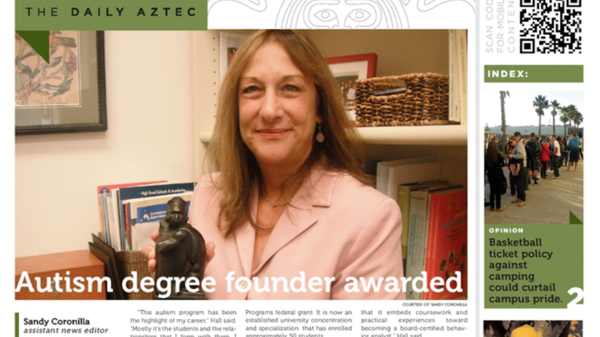 Daily Aztec article picturing Laura Hall. Headline: Autism degree founder awarded