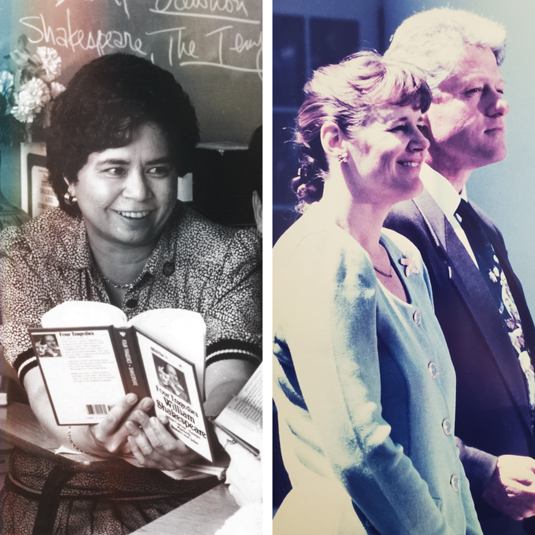 Left: Gabay with students at Serra High. Right: McBrayer honored in the Rose Garden by President Clinton.