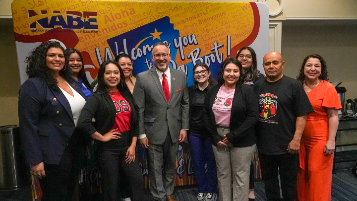 Front row from left: Professor Margarita Machado-Casas, national BESO representative Marylin Reyes Martinez and U.S. Secretary of Education Miguel Cardona.