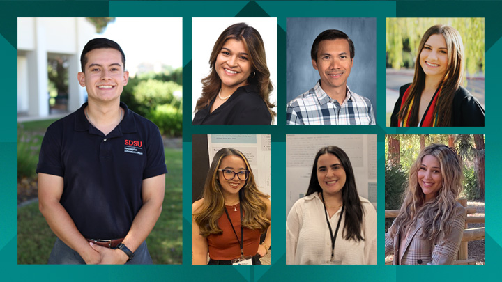 A graphic of seven headshots. Clockwise from left: Ben Mendoza, Griselda Paredes-Chavez, Stephen Phan, Madison Salmina, Stephanie Carolina Vásquez, Nikki Lane and Lucyann Atkins.