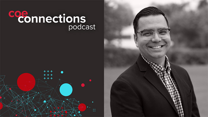 A man in a blazer smiles next to the text "coe connections podcast."