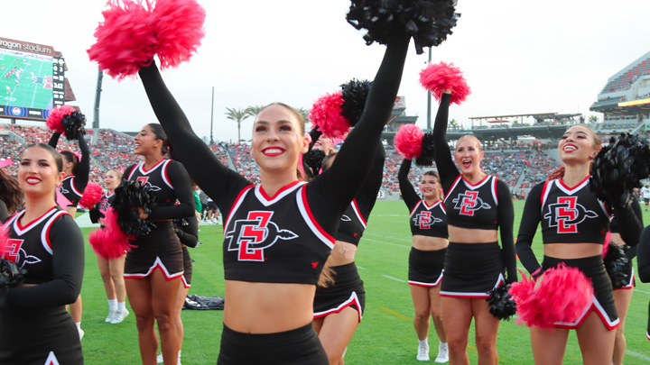 Several cheerleaders in red and black perform during a college football game/