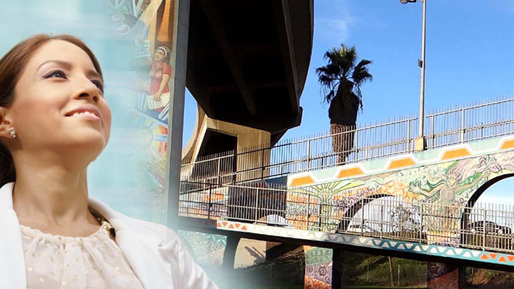 latina next to staircase